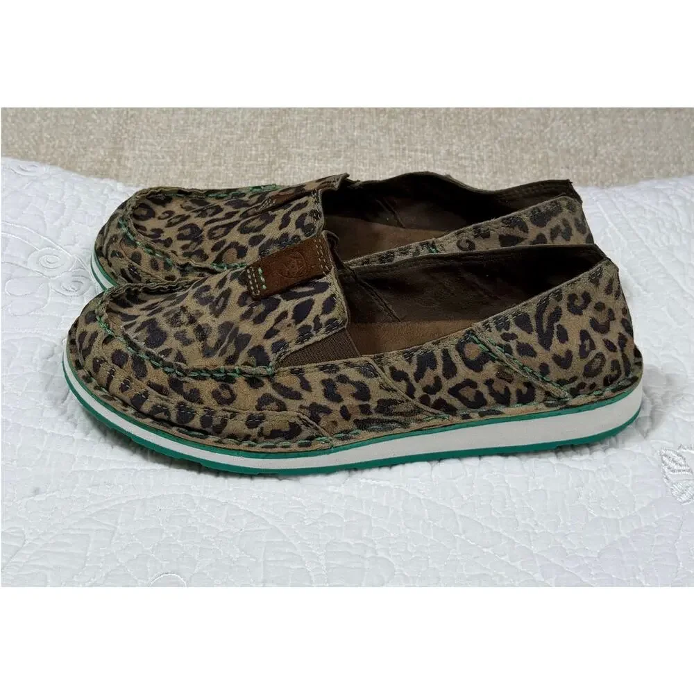 Ariat Women's 8.5 Tan Black Cheetah Print Western Canvas Slip On Loafer Shoes